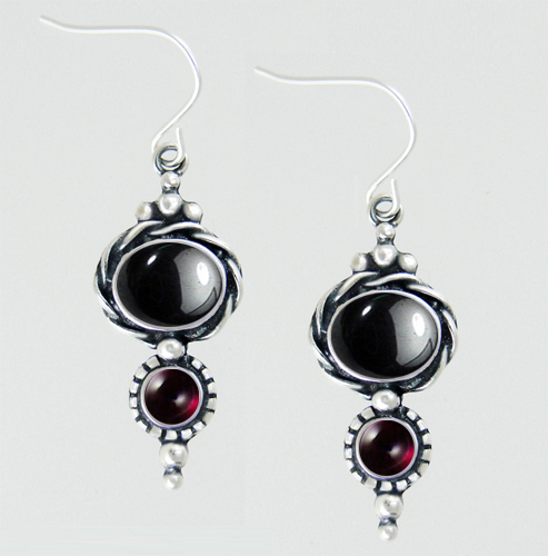 Sterling Silver Drop Dangle Earrings With Hematite And Garnet